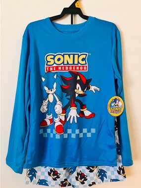 Sonic The Hedgehog Kids' Blue Long-Sleeve Top/Shorts Pajamas Set Sz L(10/12)